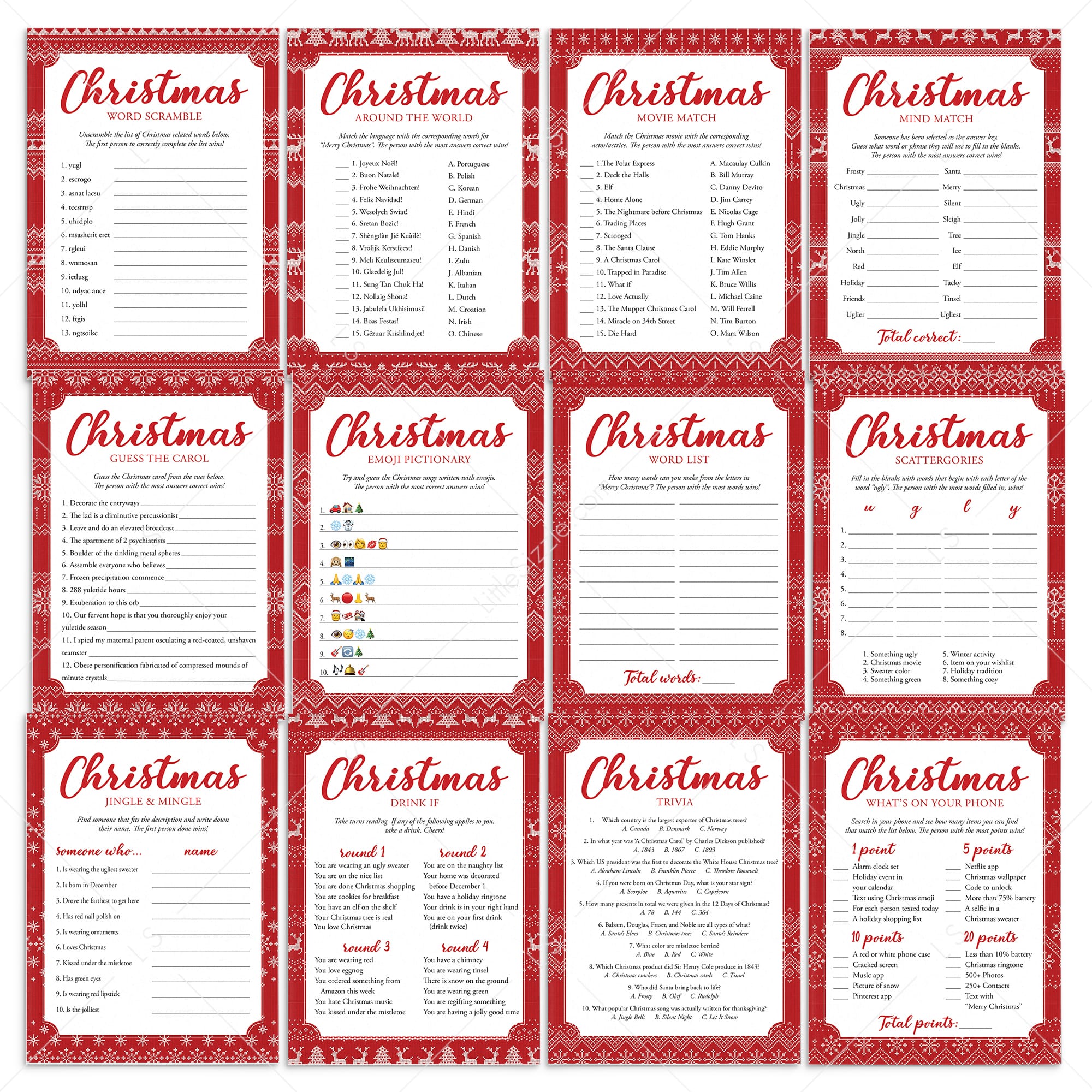 Printable Christmas Party Games with Knitted Sweater Pattern by LittleSizzle