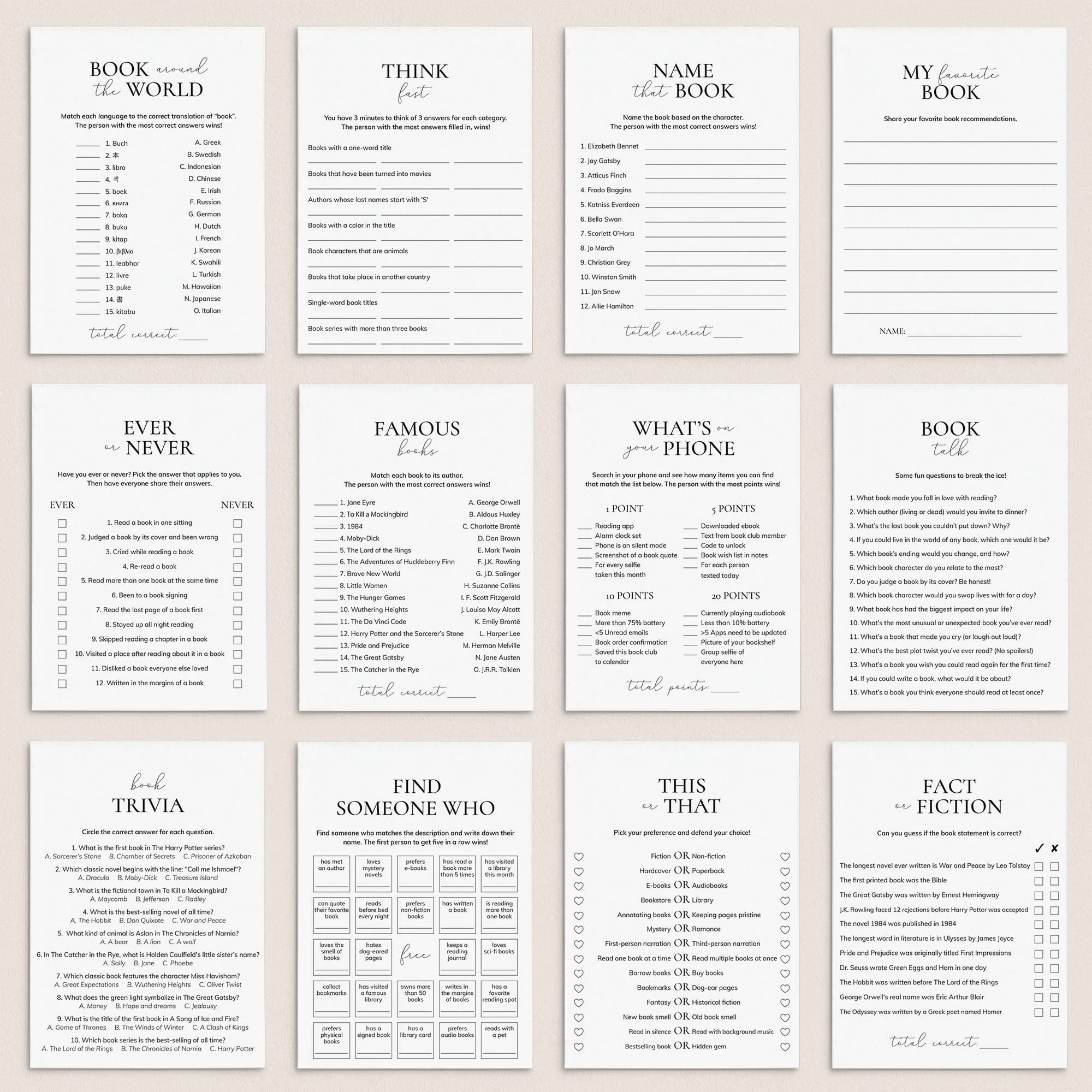 Book Club Games Bundle Printable | 12 Book Party Games by LittleSizzle