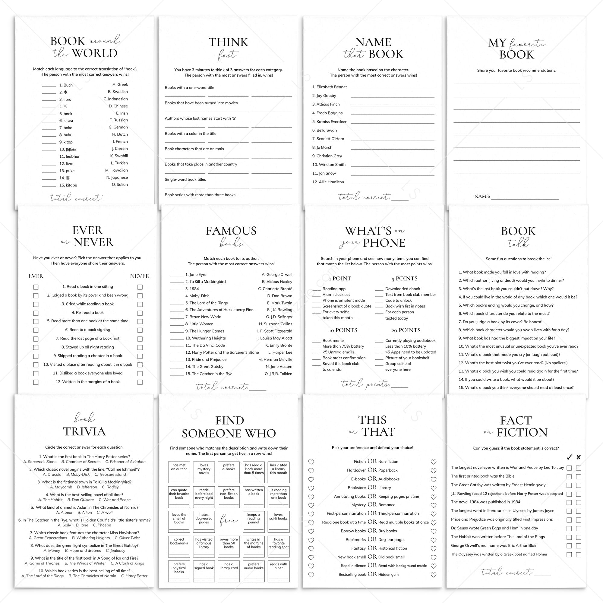 Book Club Games Bundle Printable | 12 Book Party Games by LittleSizzle