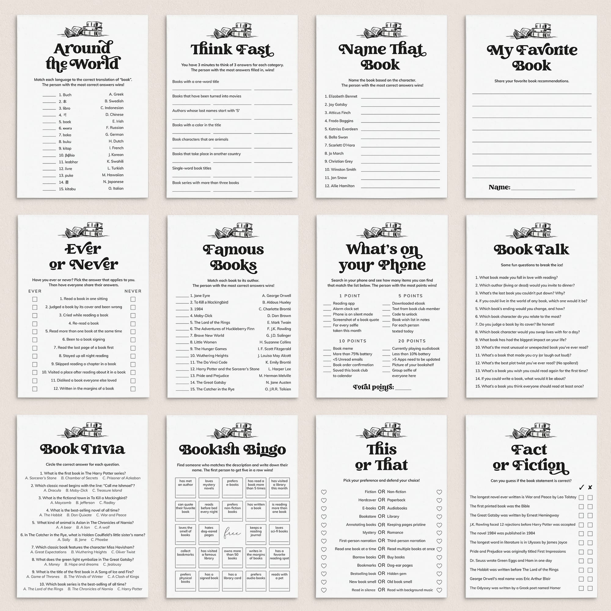 Book Club Game Bundle Printable Reading Group Activities by LittleSizzle