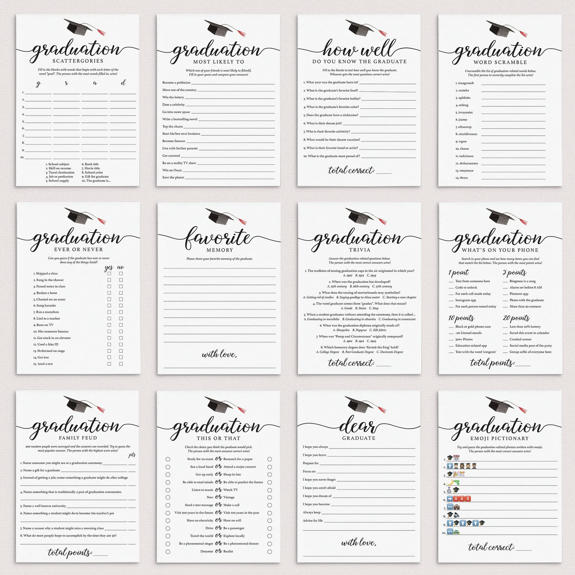 Graduation Party Games Bundle Instant Download by LittleSizzle