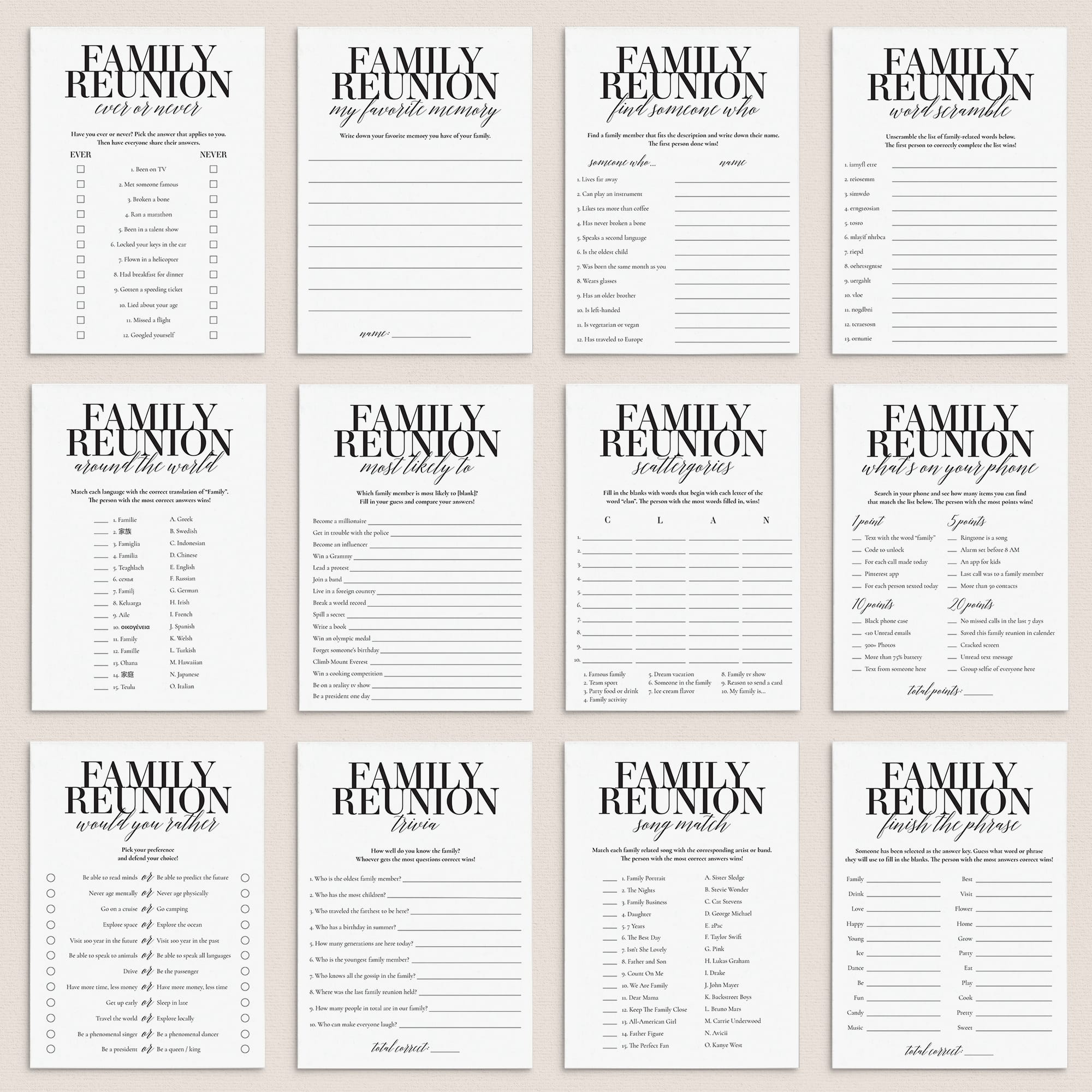 12 Printable Family Reunion Games + Bonus by LittleSizzle