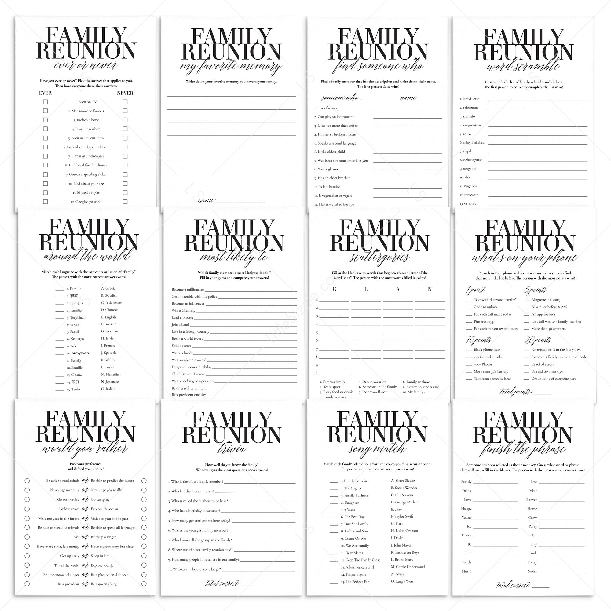 12 Printable Family Reunion Games + Bonus by LittleSizzle