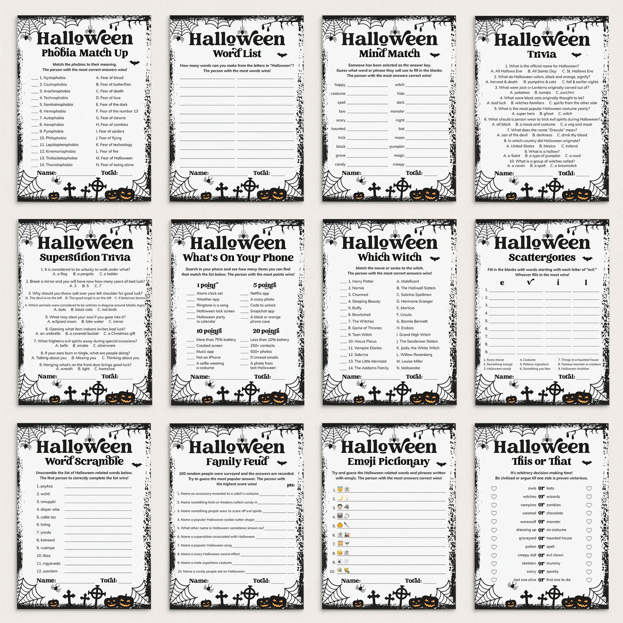 A 12-sheet set of printable Halloween-themed worksheets arranged in a 3x4 grid. The sheets feature black-and-white gothic borders with spiderwebs, tombstones, bats, and pumpkins, with titles such as Phobia Match Up, Word List, Mind Match, Trivia, SuspicionTrivia, What's On Your Phone, Which witch, Scramblewords, Word scramble, Family riddle, Emoji riddle, and This or That.