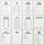 A 4x3 grid of New Year's Eve party game and trivia cards on a light beige background. The cards are white with black text and small decorative illustrations, featuring prompts like 'New Year's Mind Match,' 'New Year's Drink If,' 'New Year's Would You Rather,' 'New Year's Word Scramble,' 'New Year's Trivia,' 'New Year's Around the World,' 'New Year's Scattergories,' 'New Year's 2026 Year in Review,' 'New Year's Bucket List,' and 'New Year's Family Feud.
