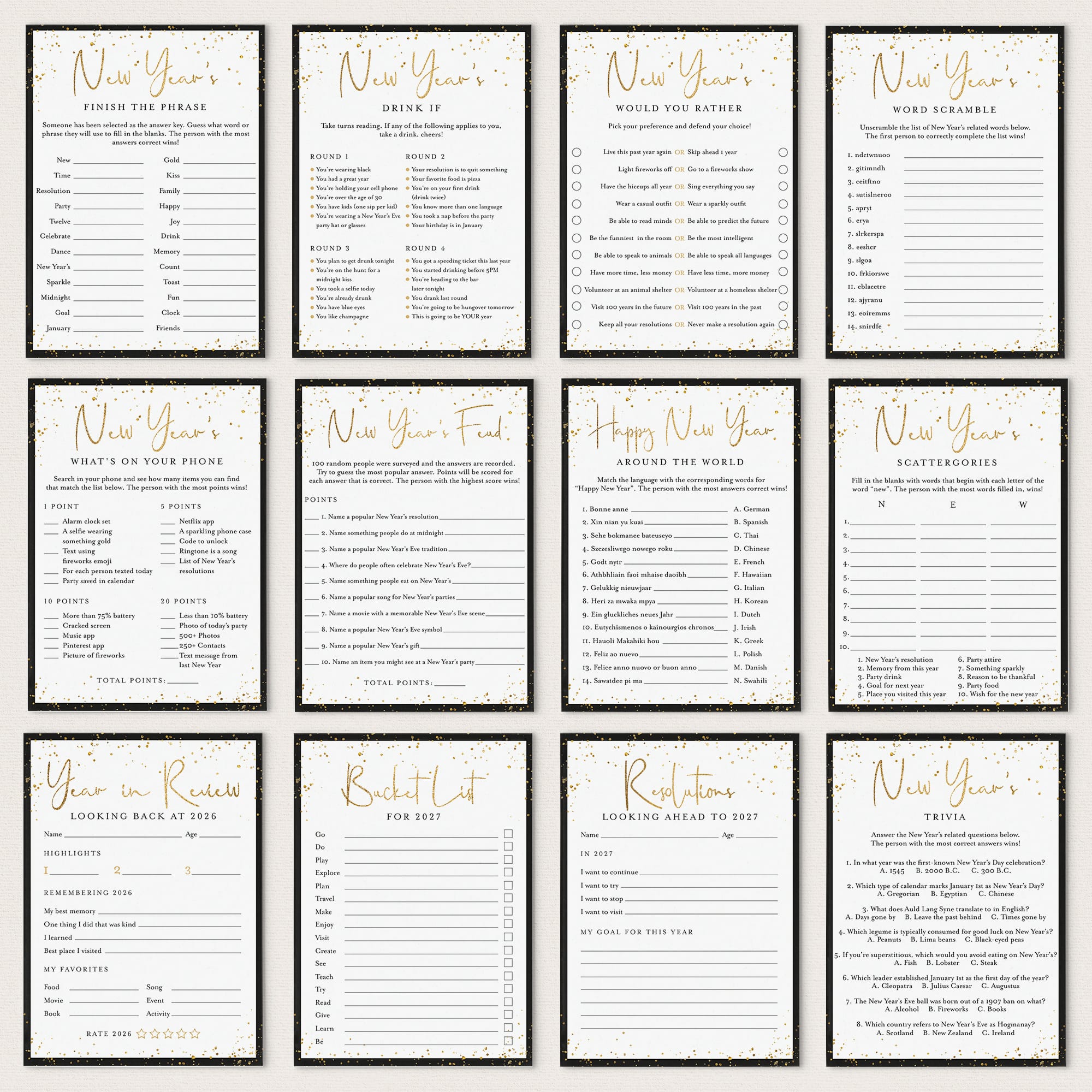 A 4x3 grid of New Year's Eve party game and reflection cards with gold foil-textured headers, black borders, and white backgrounds, arranged on a light gray backdrop.