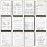 A 4x3 grid of New Year's Eve party game and reflection cards with gold foil-textured headers, black borders, and white backgrounds, arranged on a light gray backdrop.