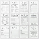 A 12-card set of New Year's resolution and planning templates arranged in a 3x4 grid. The cards are white with silver and black text, featuring titles like 'New Years Finish The Phrase,' 'New Years Family Feud,' 'Bucket List for 2027,' and 'Resolution Cards'.