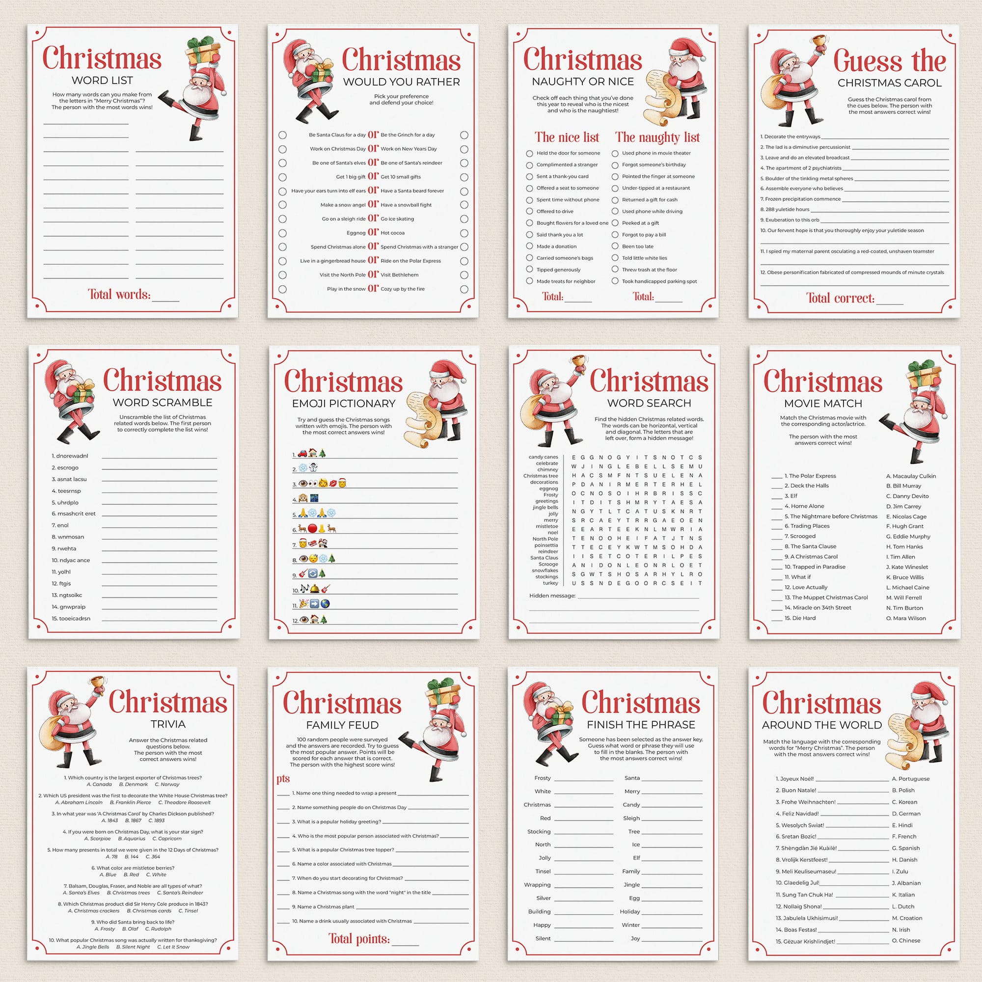 12 Printable Christmas Games to Play with Family + FREE Secret Santa Questionnaire by LittleSizzle