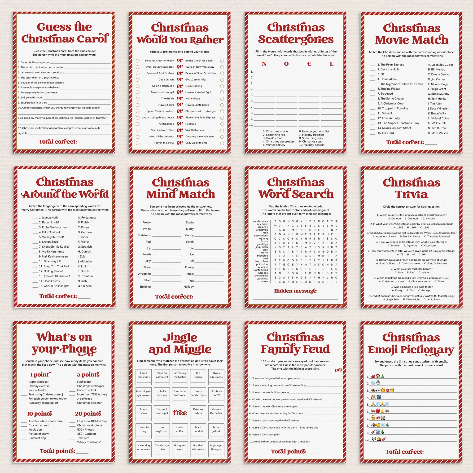Red and White Striped Christmas Party Games Bundle Printable by LittleSizzle