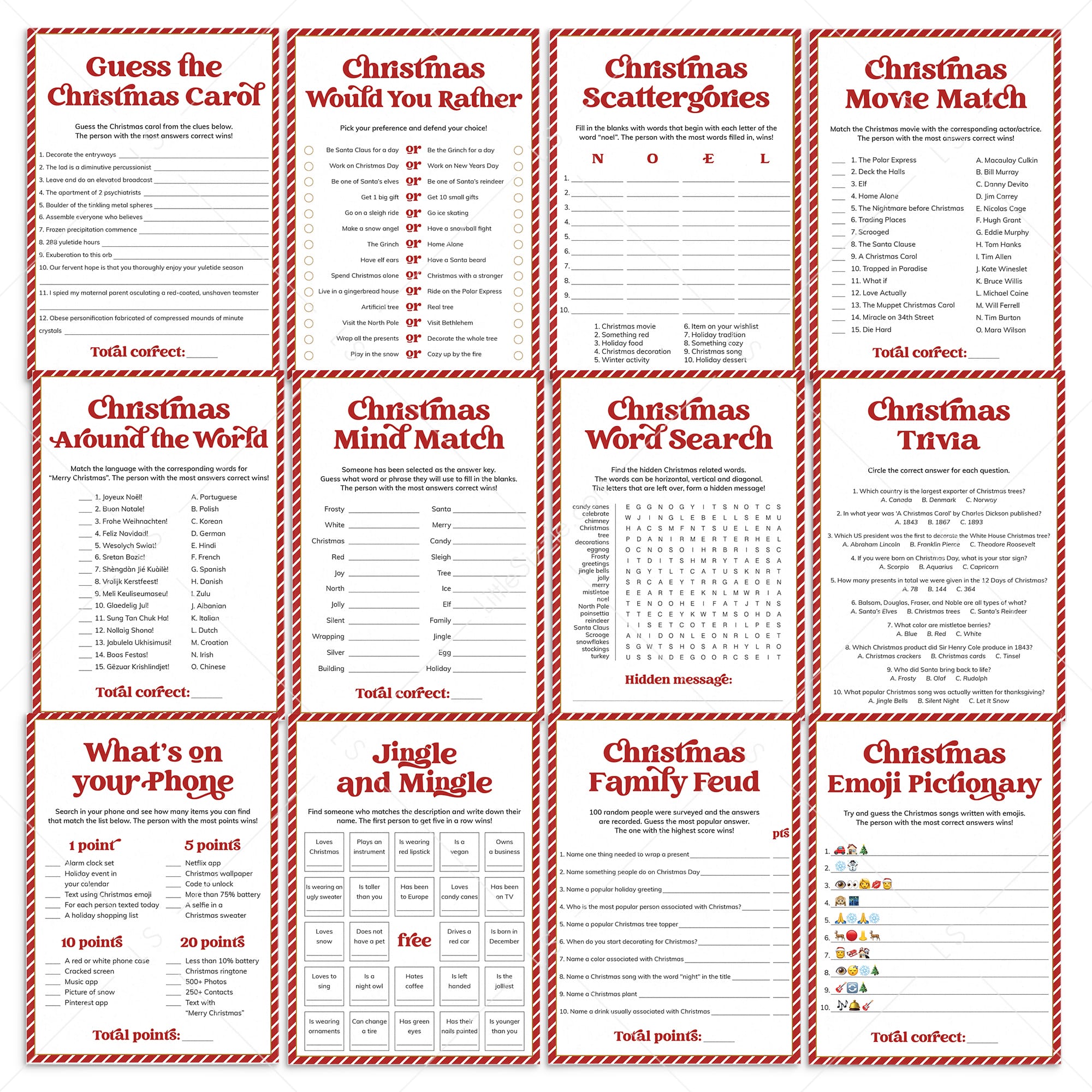 Red and White Striped Christmas Party Games Bundle Printable by LittleSizzle