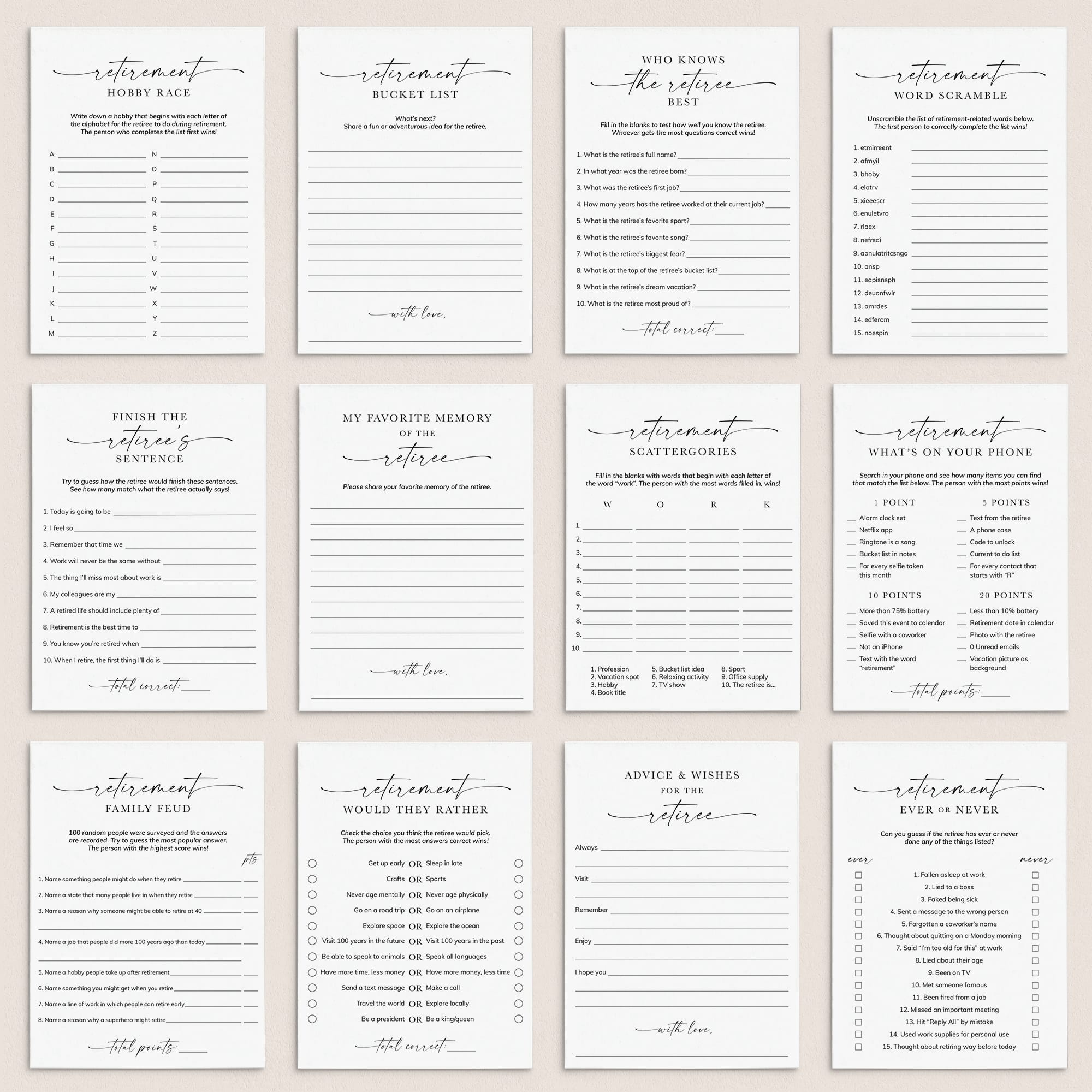 12 Work Retirement Games Printable Retirement Party Ideas by LittleSizzle