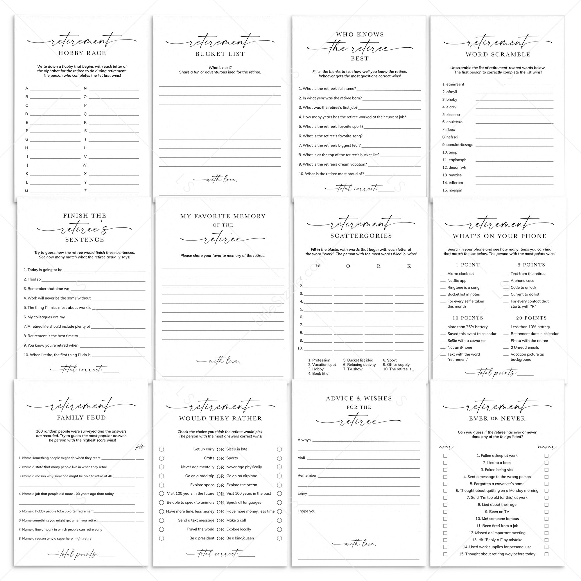 12 Work Retirement Games Printable Retirement Party Ideas by LittleSizzle