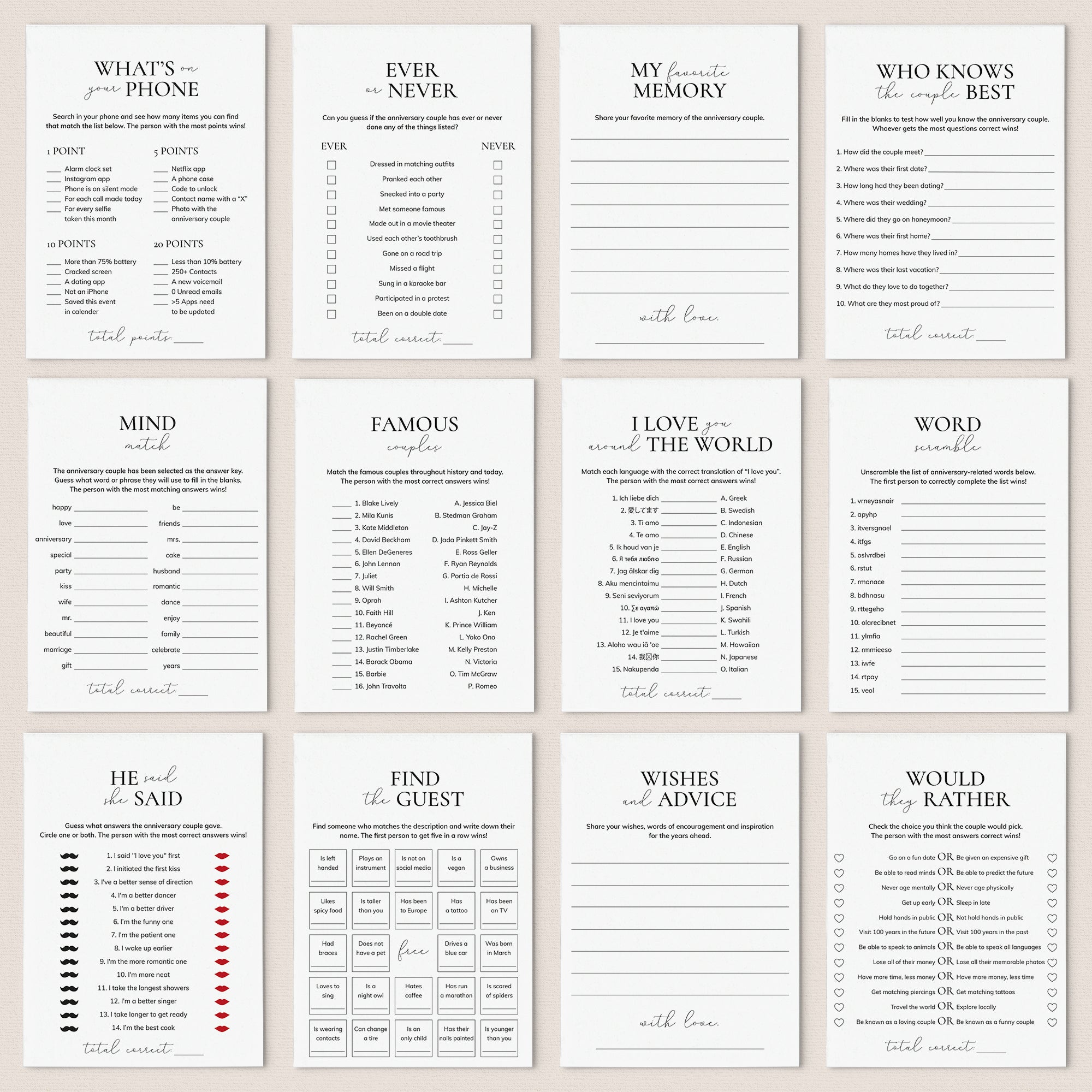 12 Anniversary Games Printable Wedding Anniversary Party Games Bundle by LittleSizzle