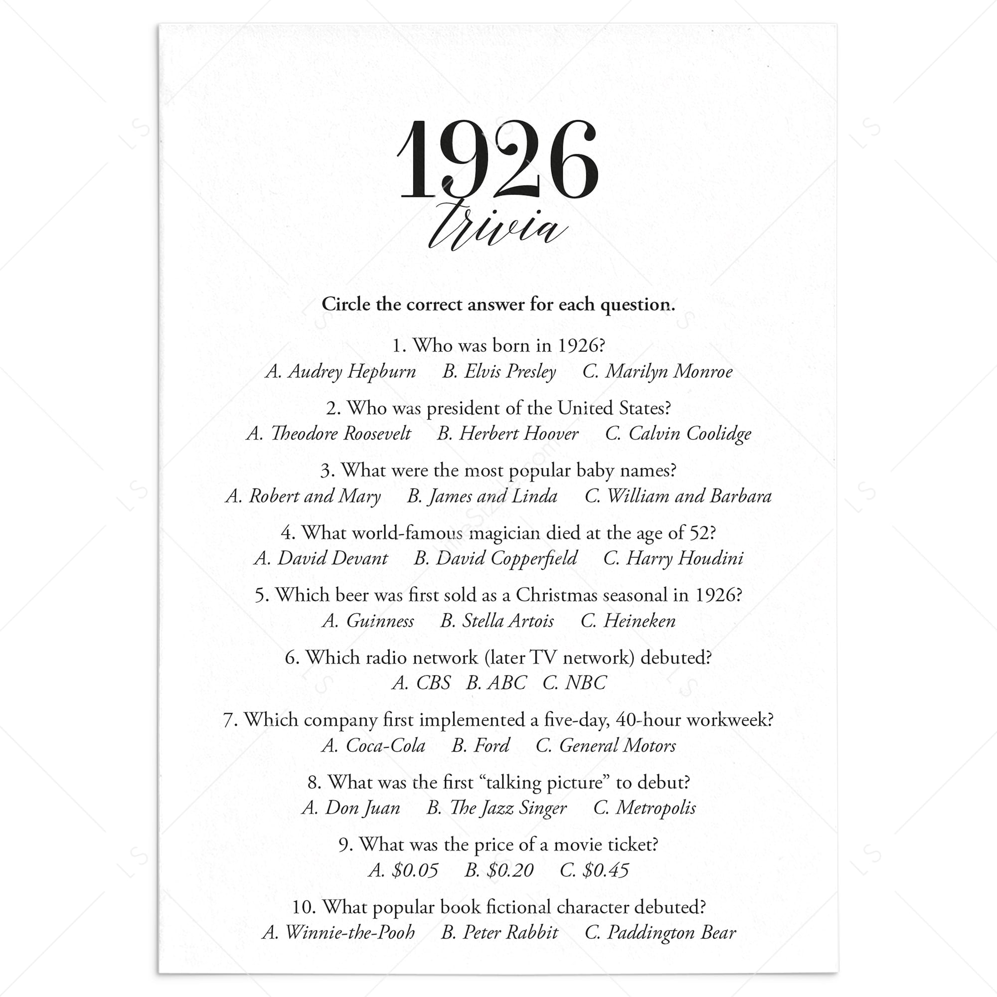 1926 Trivia Quiz with Answer Key Instant Download by LittleSizzle