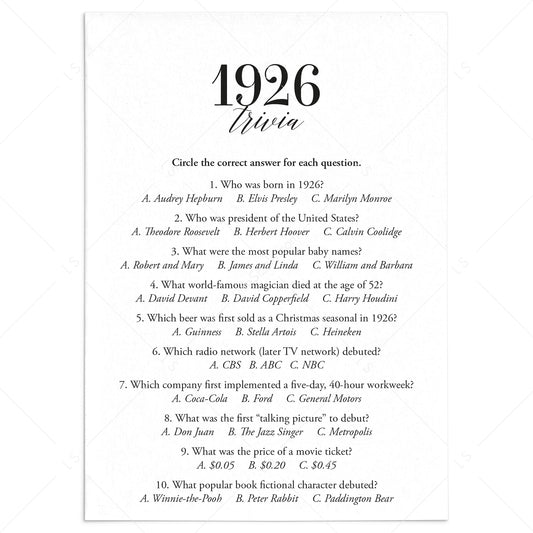 1926 Trivia Quiz with Answer Key Instant Download by LittleSizzle