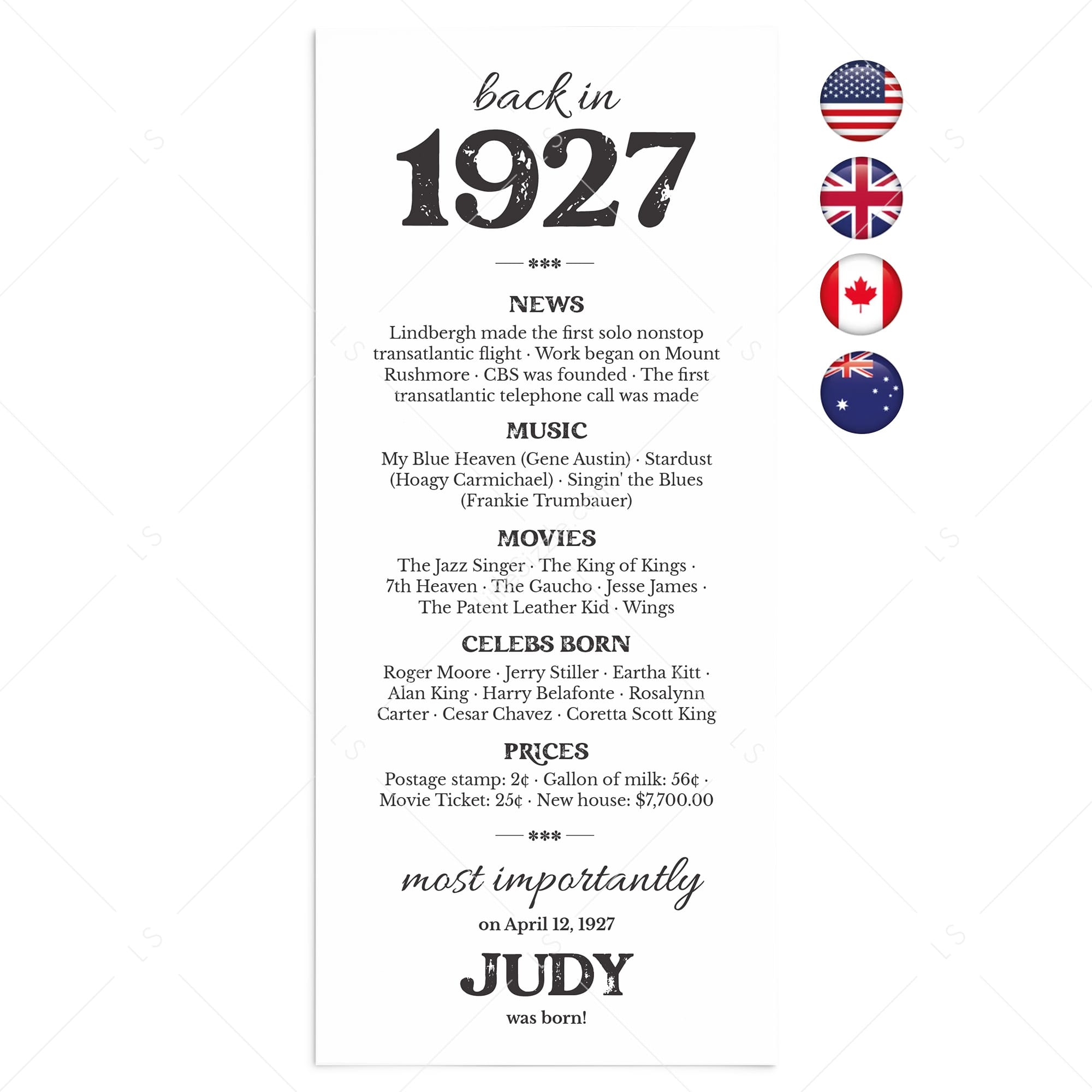 100th Birthday Gift Born in 1927 Table Card by LittleSizzle