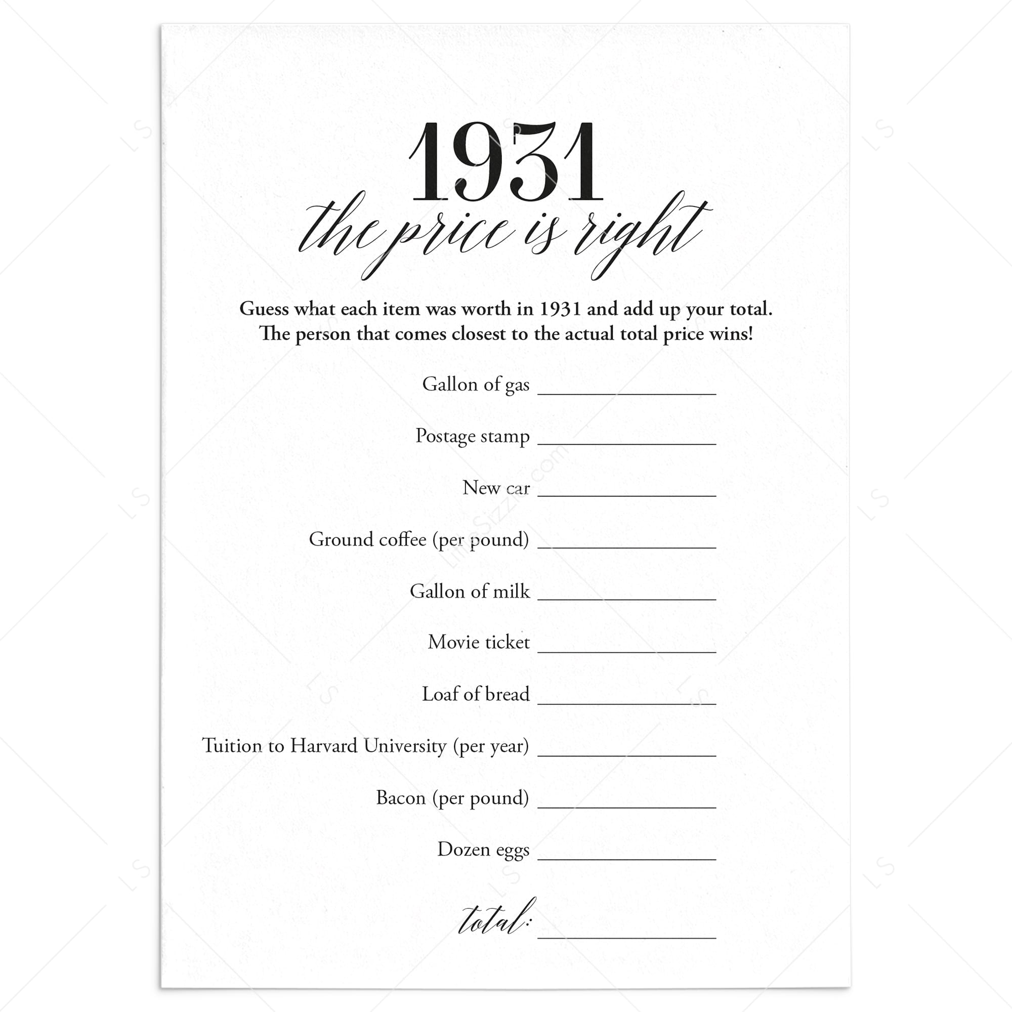 1931 The Price Is Right Game with Answers Printable by LittleSizzle