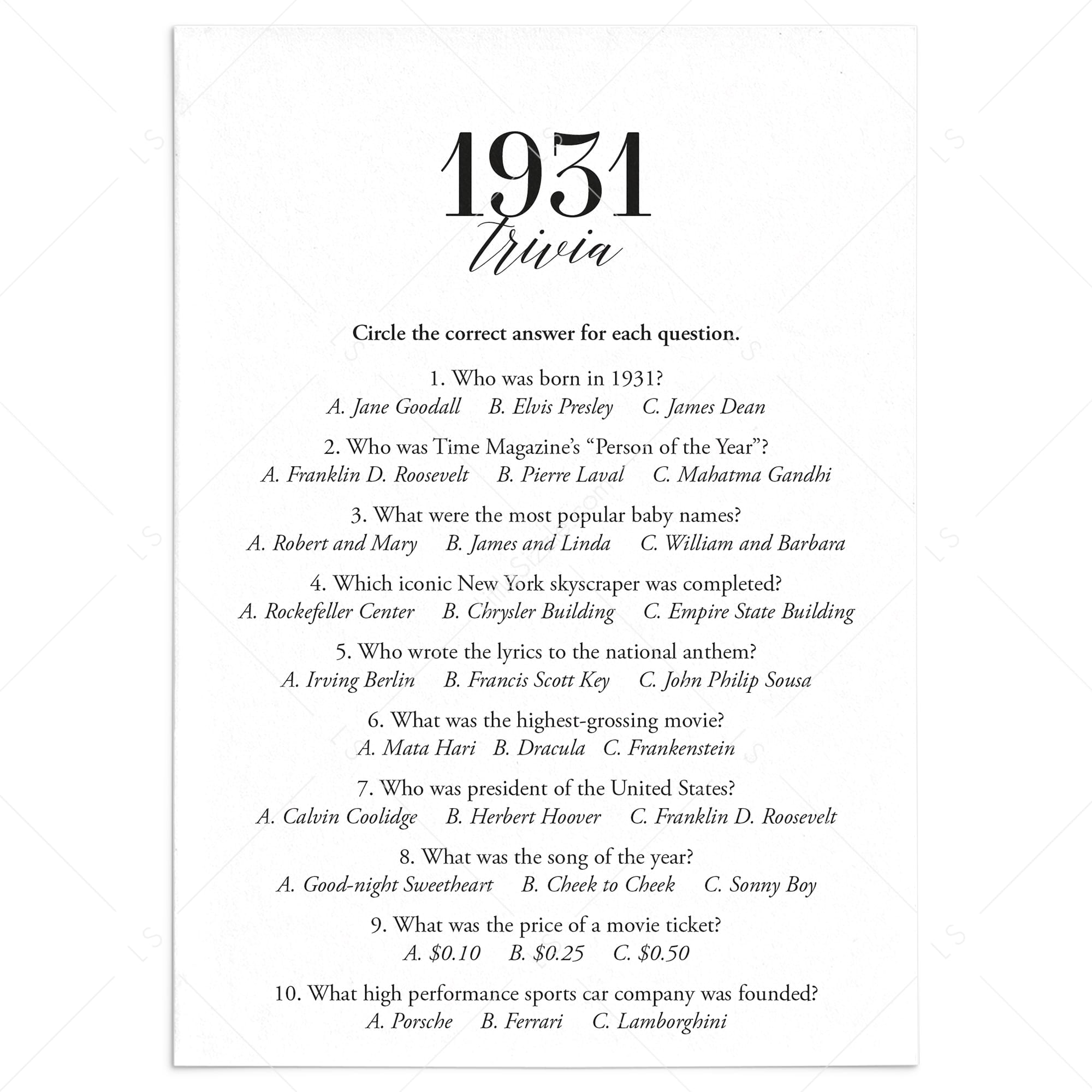 1931 Trivia Quiz with Answer Key Instant Download by LittleSizzle