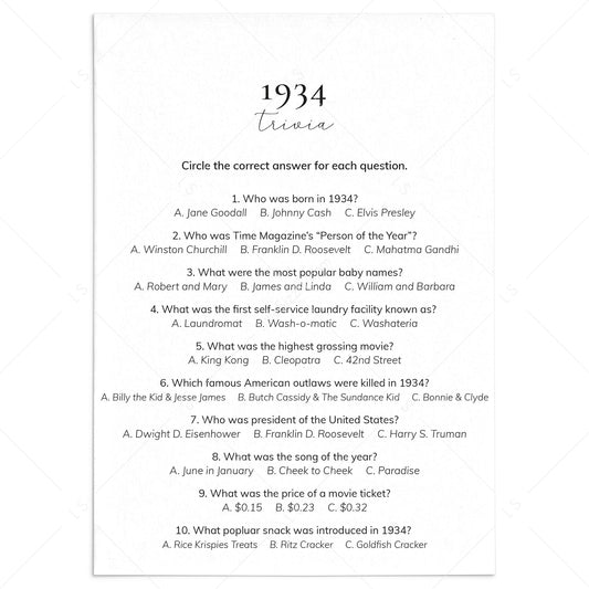 1934 Quiz and Answers Printable by LittleSizzle