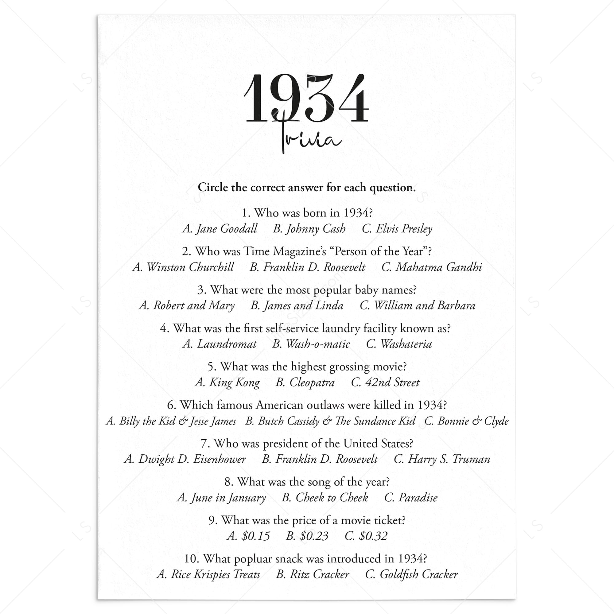 1934 Trivia Quiz with Answer Key Instant Download by LittleSizzle