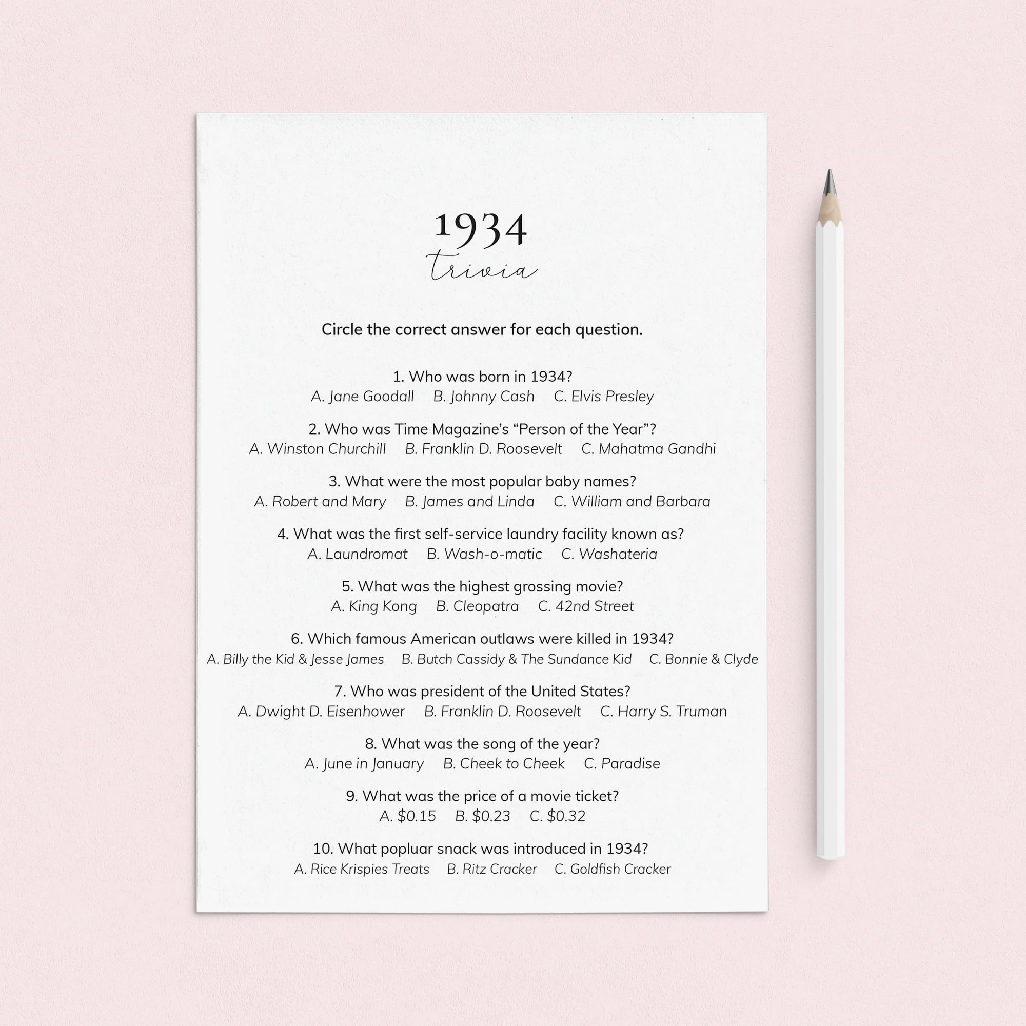 1934 Quiz and Answers Printable by LittleSizzle
