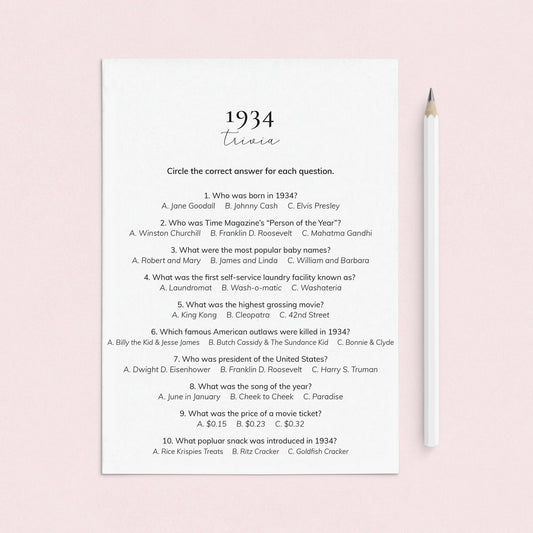 1934 Quiz and Answers Printable by LittleSizzle