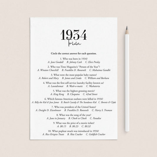 1934 Trivia Quiz with Answer Key Instant Download by LittleSizzle