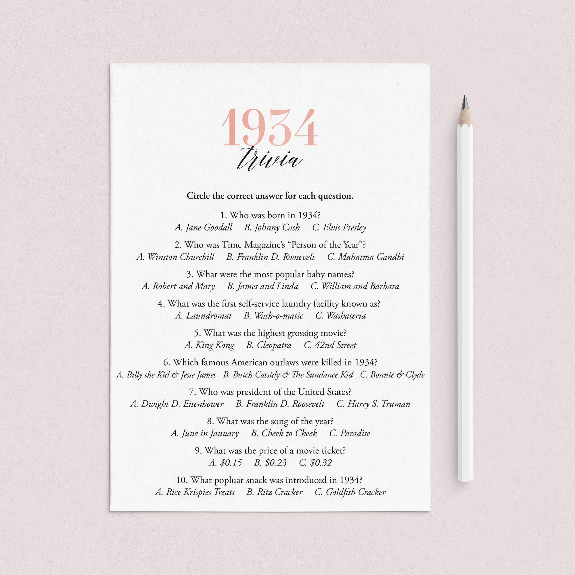 1934 Trivia Questions and Answers Printable by LittleSizzle