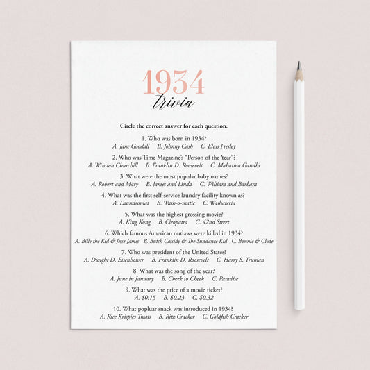1934 Trivia Questions and Answers Printable by LittleSizzle