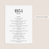 1934 Trivia Quiz with Answer Key Instant Download