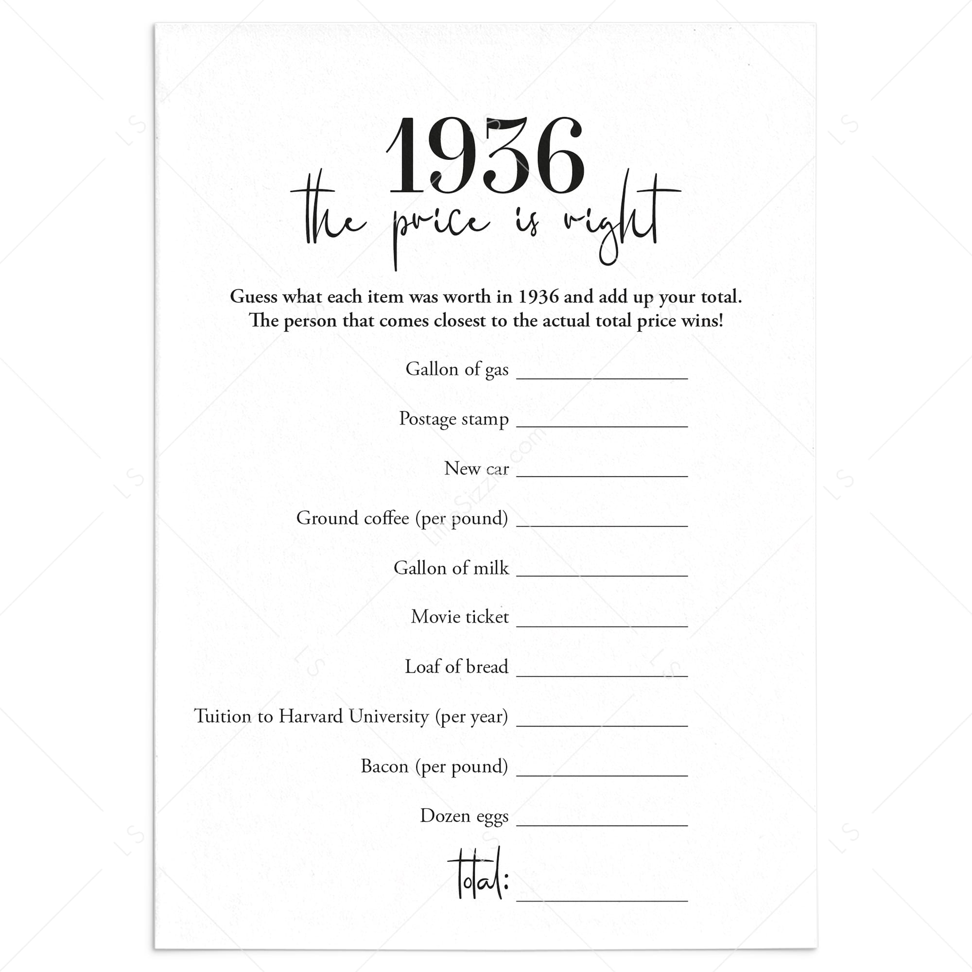 1936 The Price Is Right Game with Answers Printable by LittleSizzle