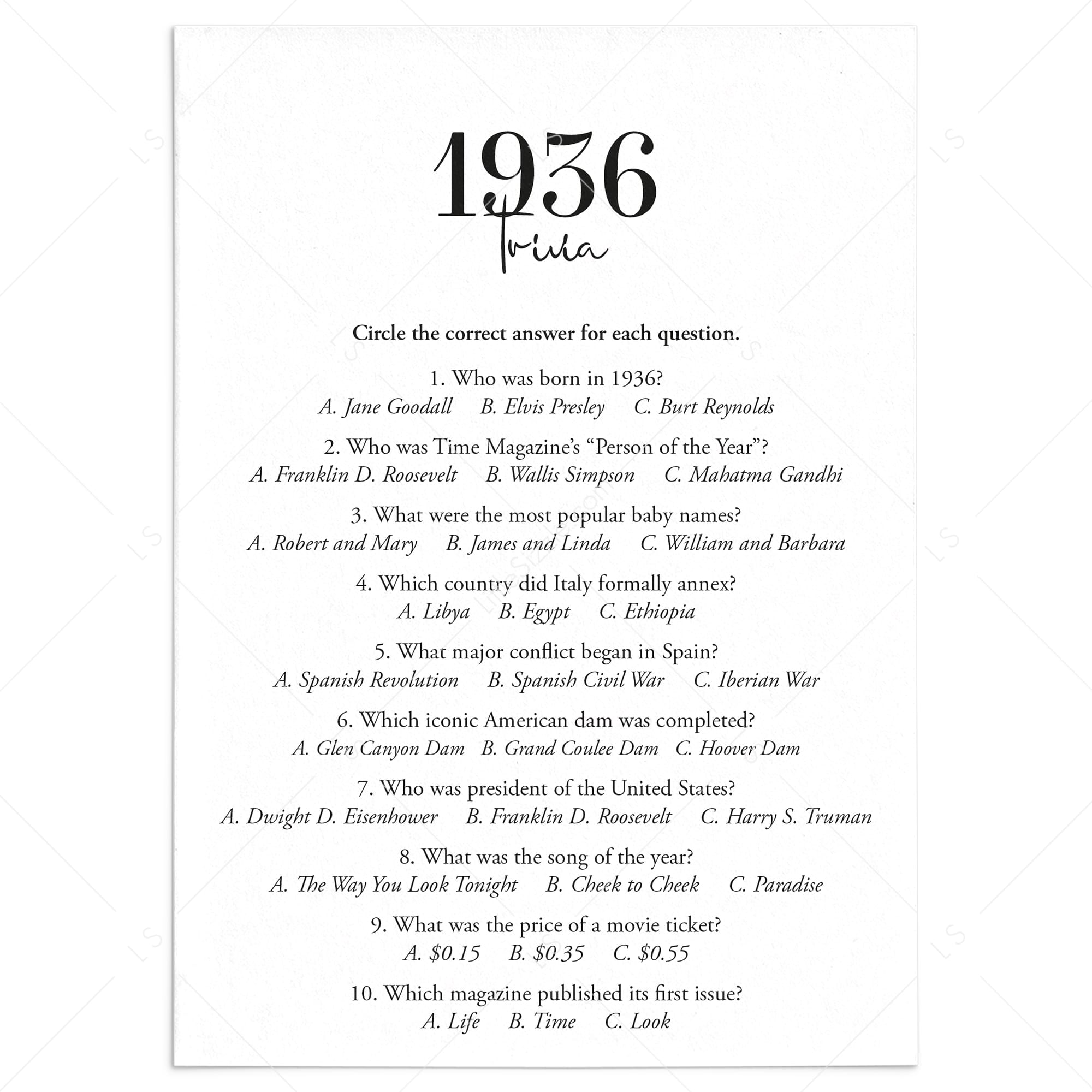 1936 Trivia Quiz with Answer Key Instant Download by LittleSizzle