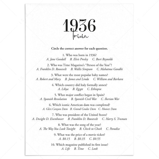 1936 Trivia Quiz with Answer Key Instant Download by LittleSizzle