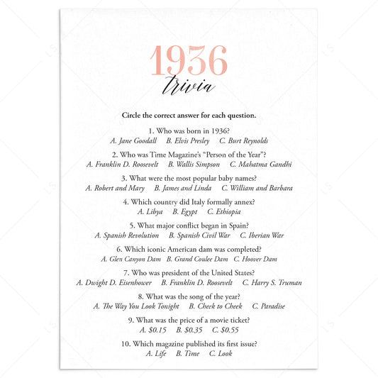 1936 Trivia Questions and Answers Printable by LittleSizzle