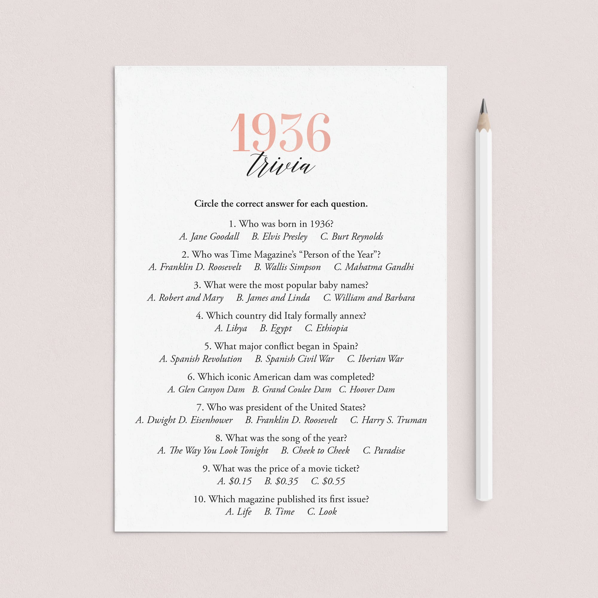 1936 Trivia Questions and Answers Printable by LittleSizzle