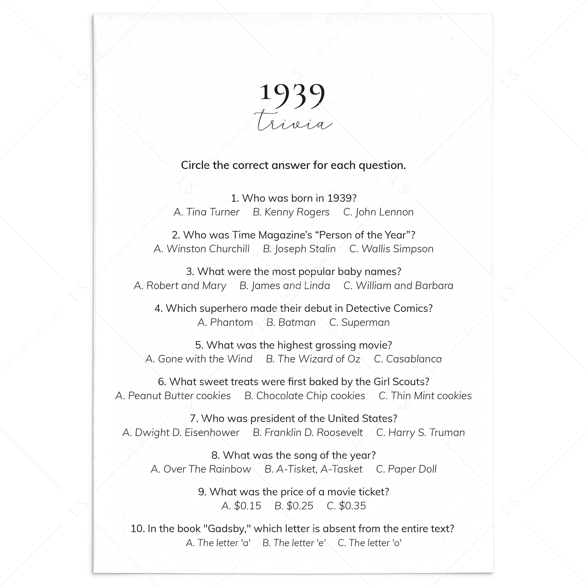 1939 Quiz and Answers Printable by LittleSizzle
