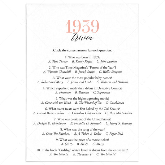1939 Trivia Questions and Answers Printable by LittleSizzle