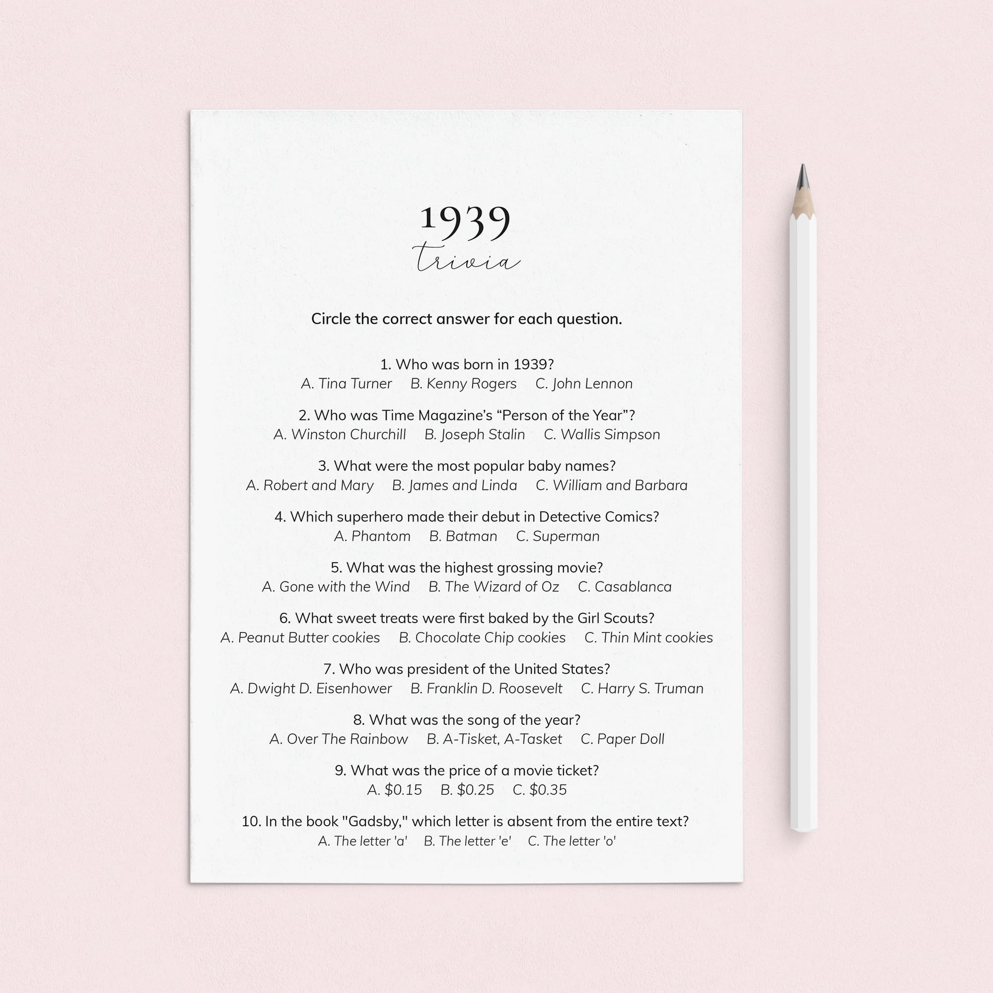 1939 Quiz and Answers Printable by LittleSizzle