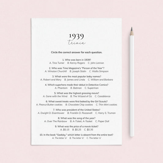 1939 Quiz and Answers Printable by LittleSizzle