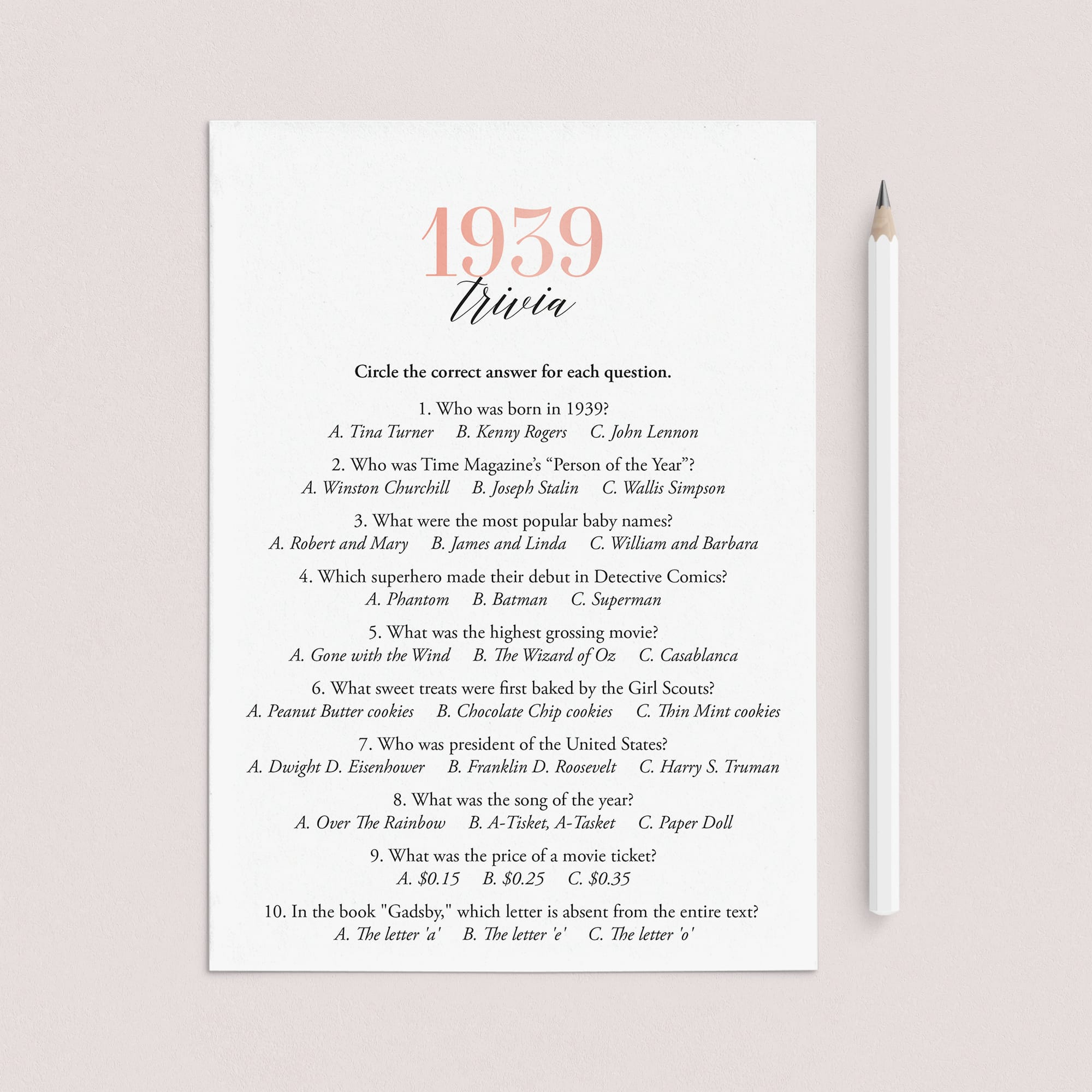 1939 Trivia Questions and Answers Printable by LittleSizzle