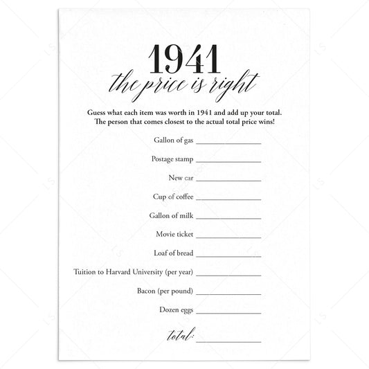 1941 The Price Is Right Game with Answers Printable by LittleSizzle