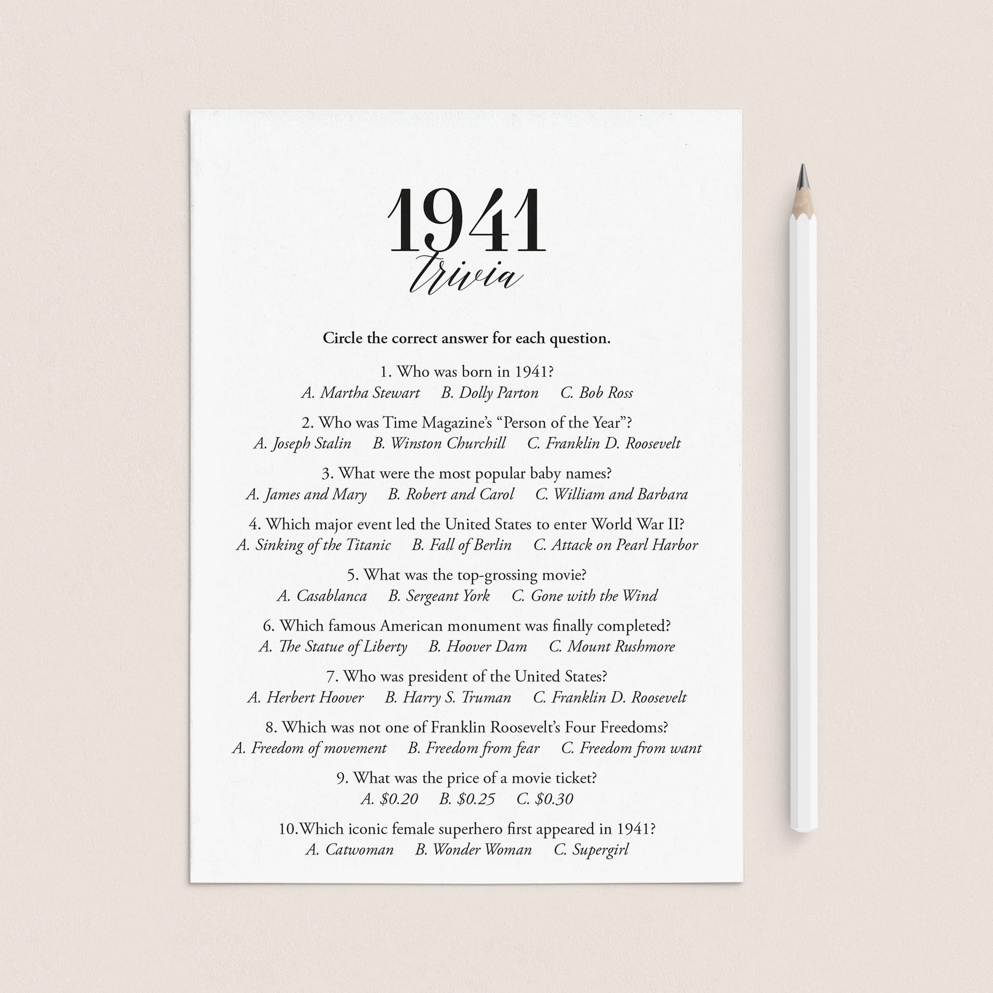 1941 Trivia Quiz with Answer Key Instant Download by LittleSizzle