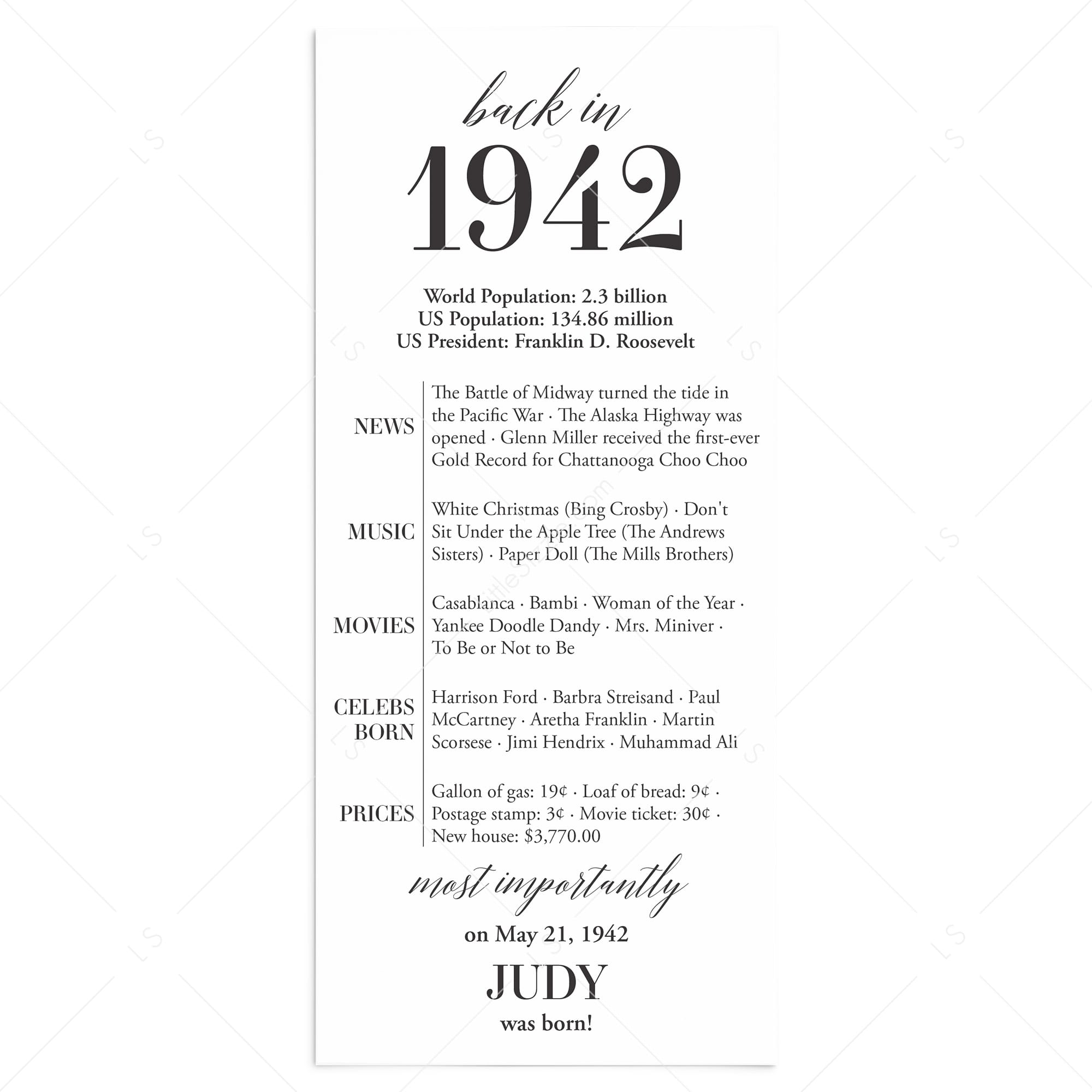 85th Birthday Party Decorations Back in 1942 Table Card Custom Name by LittleSizzle