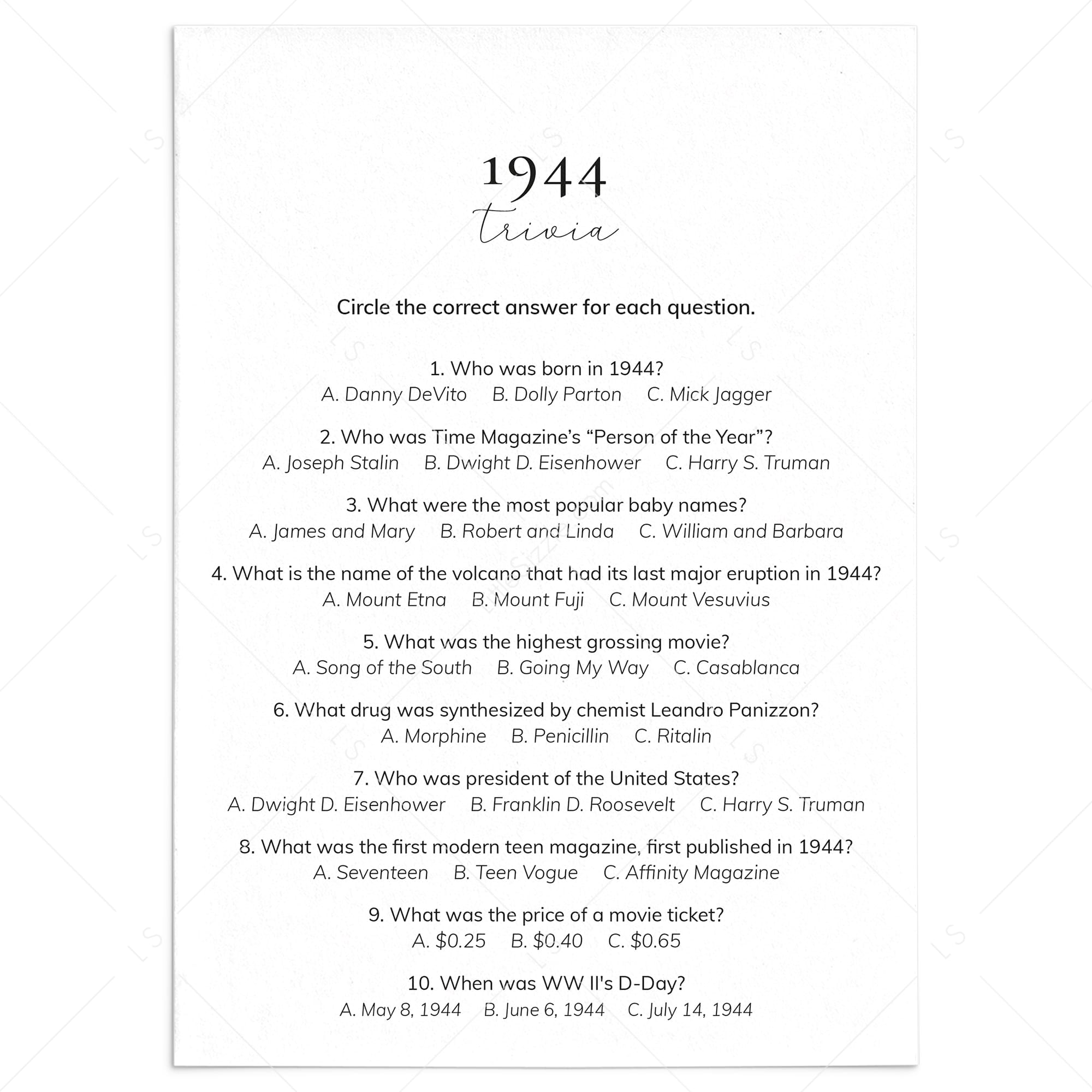 1944 Quiz and Answers Printable by LittleSizzle