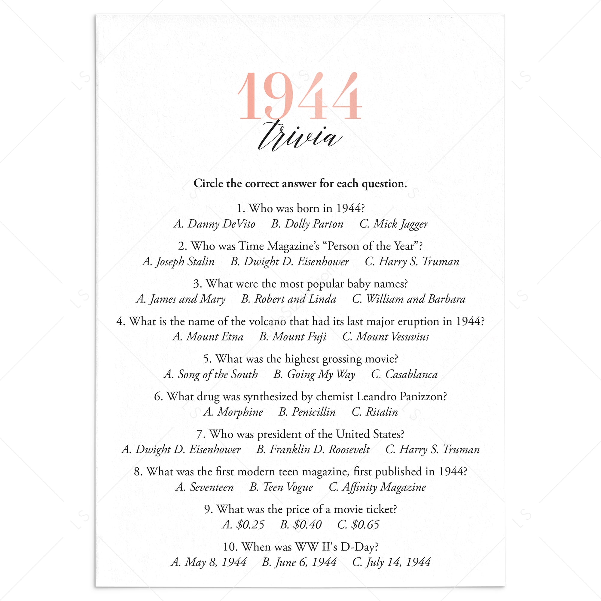 1944 Trivia Questions and Answers Printable by LittleSizzle