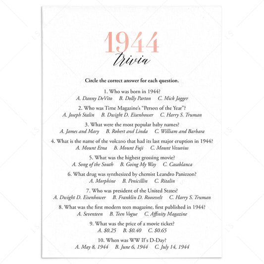 1944 Trivia Questions and Answers Printable by LittleSizzle