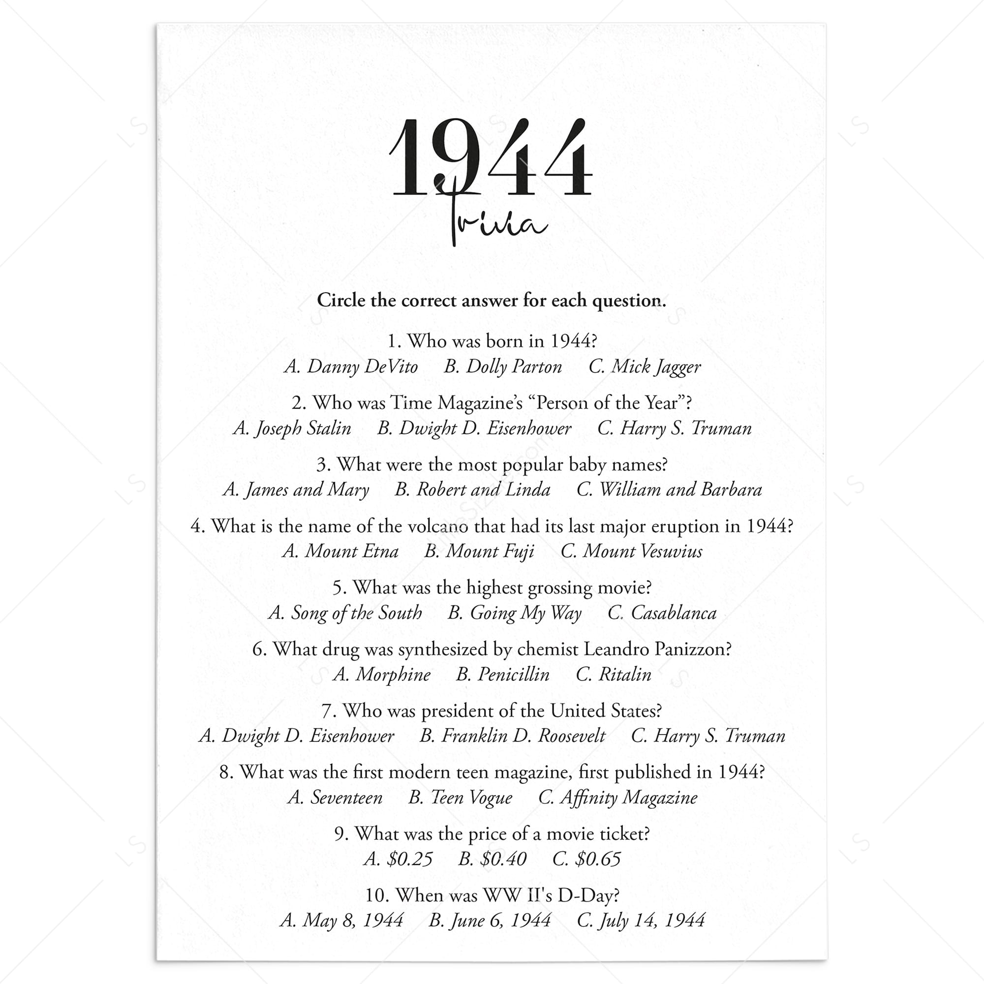 1944 Trivia Quiz with Answer Key Instant Download by LittleSizzle