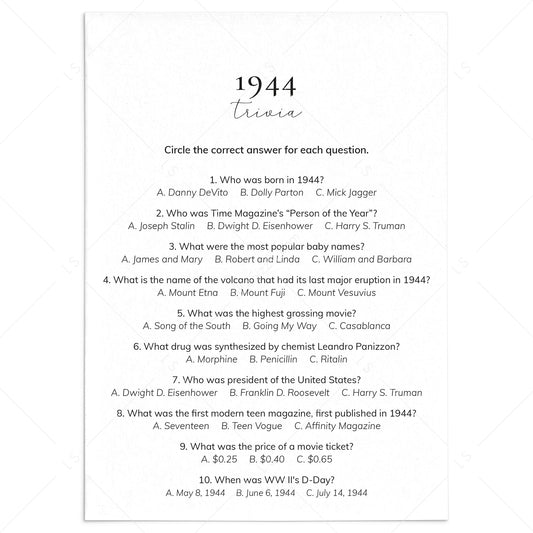 1944 Quiz and Answers Printable by LittleSizzle