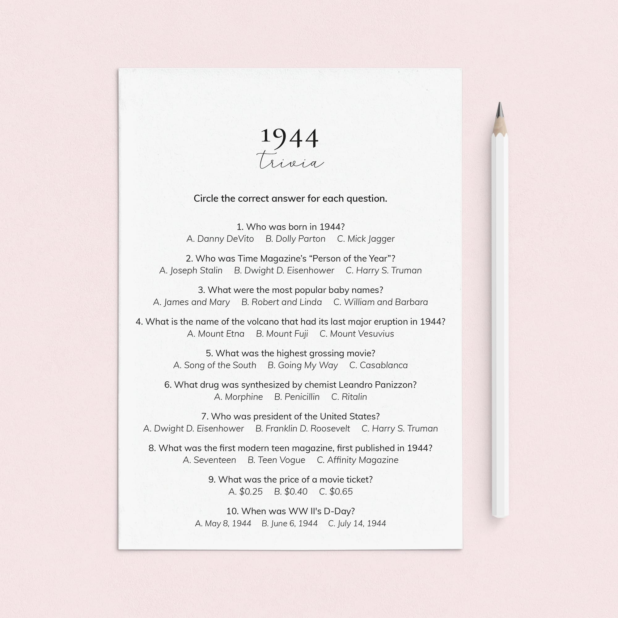 1944 Quiz and Answers Printable by LittleSizzle